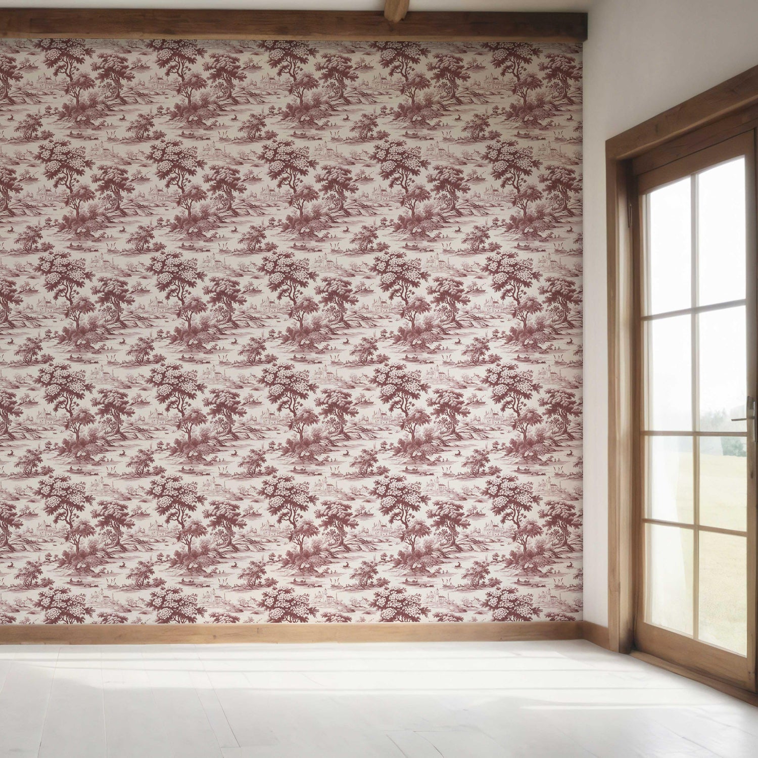 Floral Toile de Jouy Nature Print Bedroom Wallpaper (Maroon Red/ Deep Pink)