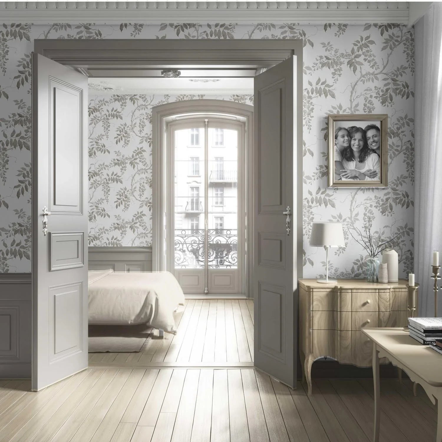 Neutral Floral Vine/ Botanical Living Room Wallpaper (Grey/ Greige/ White)