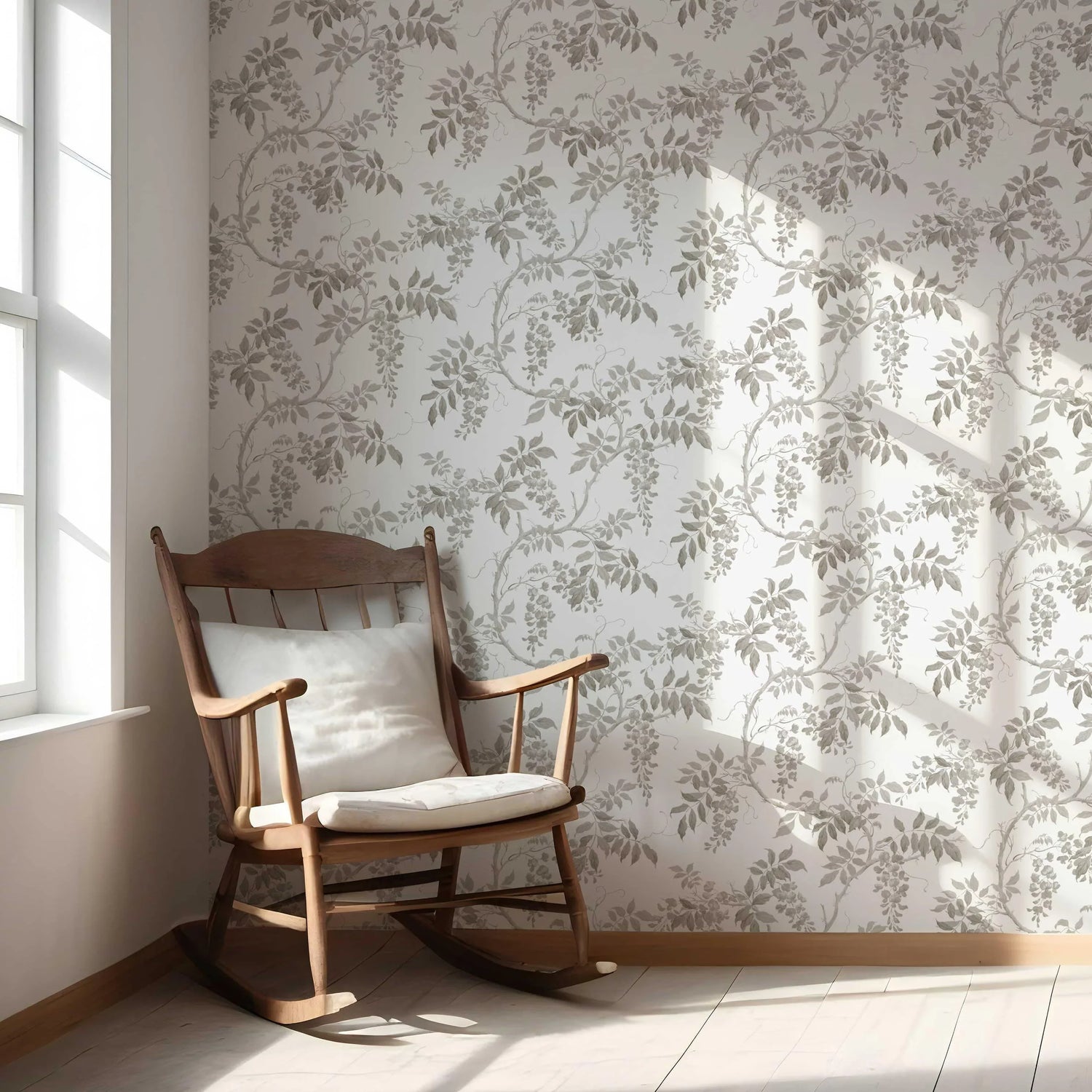 Neutral Floral Vine/ Botanical Nursery Wallpaper (Grey/ Greige/ White)