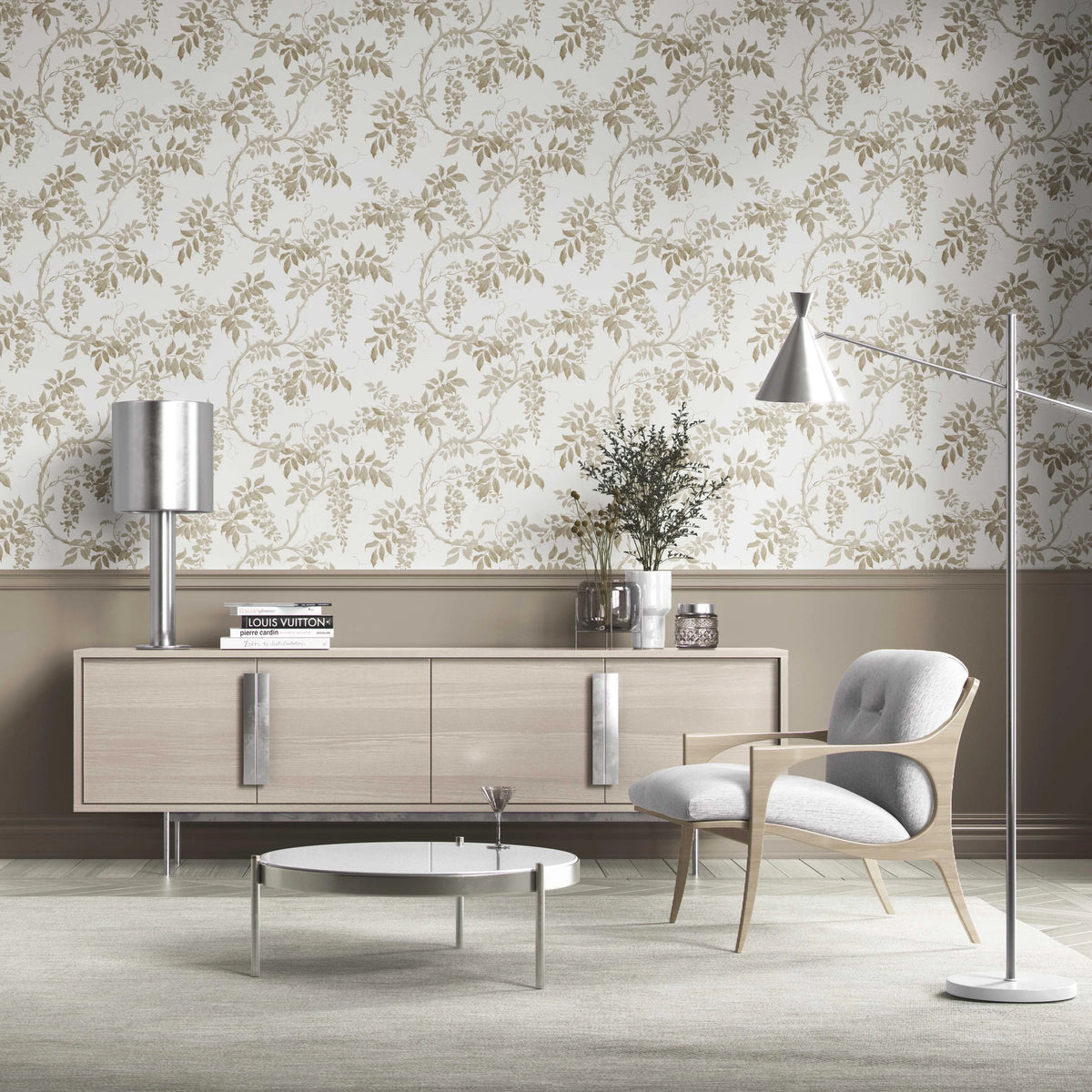 Neutral Floral Vine/ Botanical Kitchen Wallpaper (Beige/ Taupe/ Grey/ White)