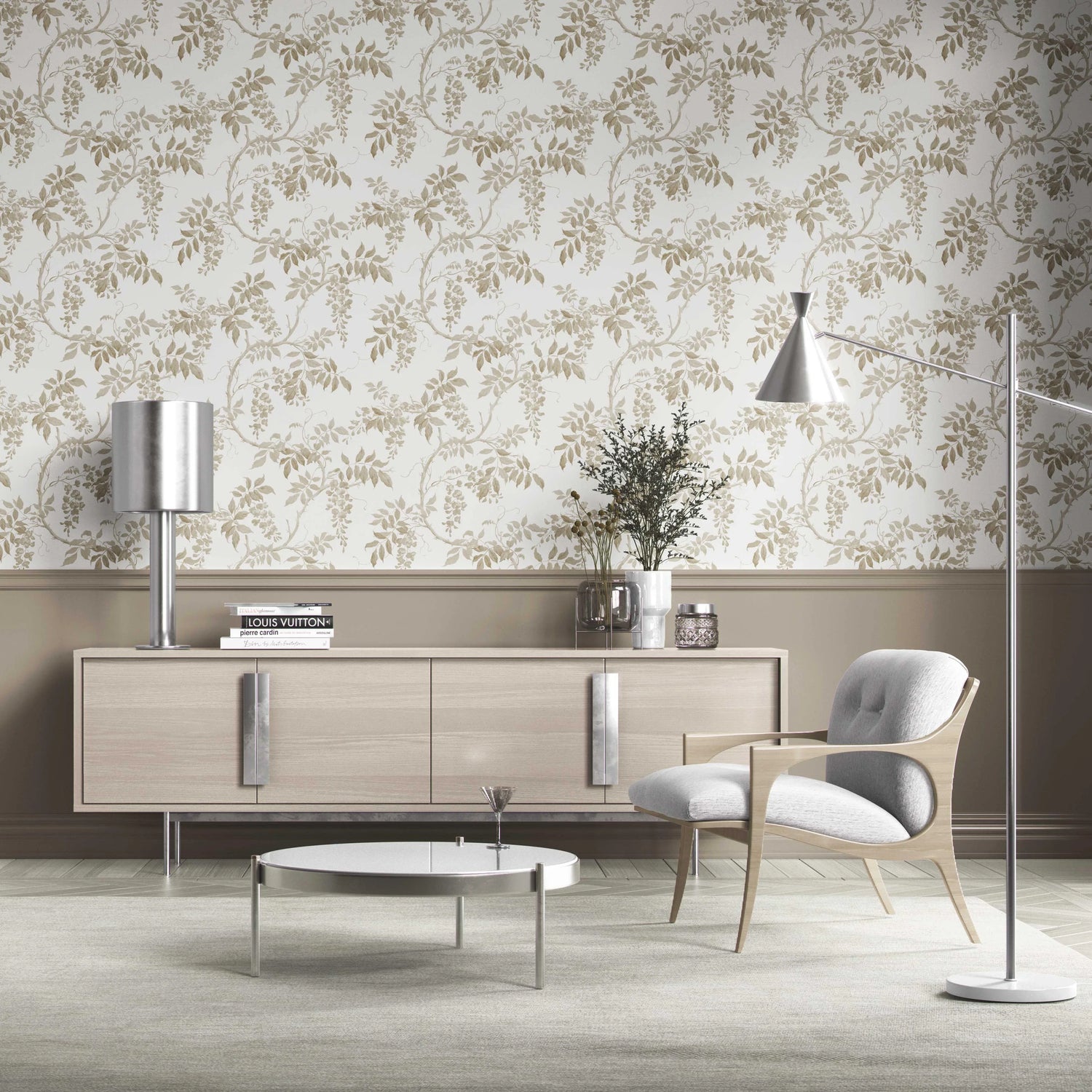 Neutral Floral Vine/ Botanical Kitchen Wallpaper (Beige/ Taupe/ Grey/ White)
