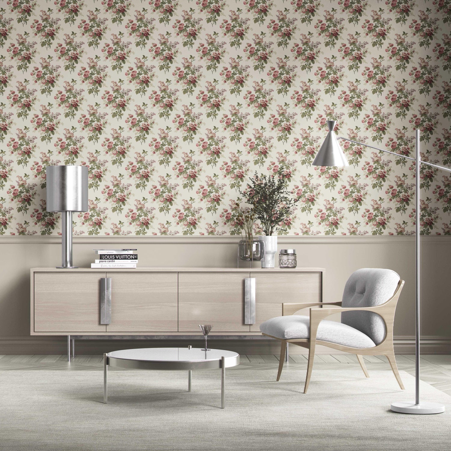English Floral Print Kitchen Wallpaper (Cream/ Pink/ Green/ Mauve)