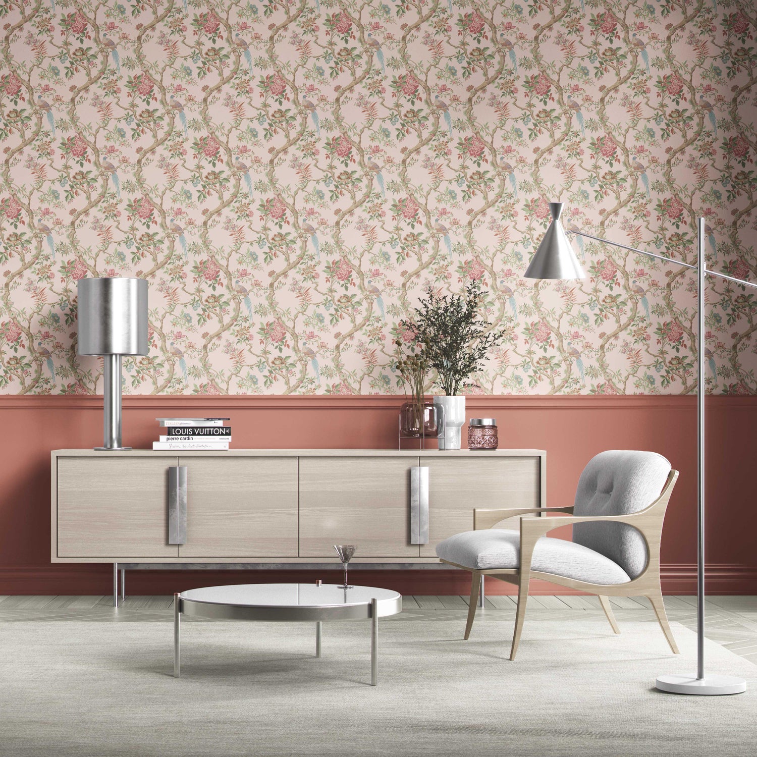 Floral/ Bird Print Chinoiserie Kitchen Wallpaper (Soft Pink/ Green/ Duck Egg Blue)