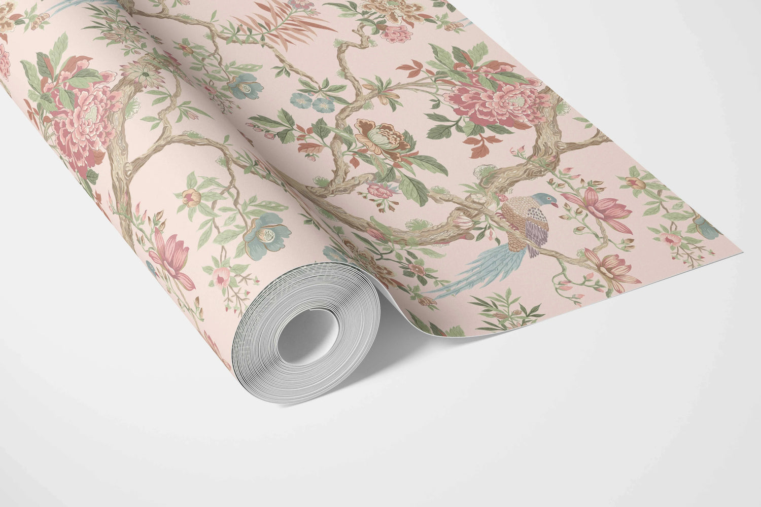 Floral/ Bird Print Chinoiserie Bathroom Wallpaper (Soft Pink/ Green/ Duck Egg Blue)