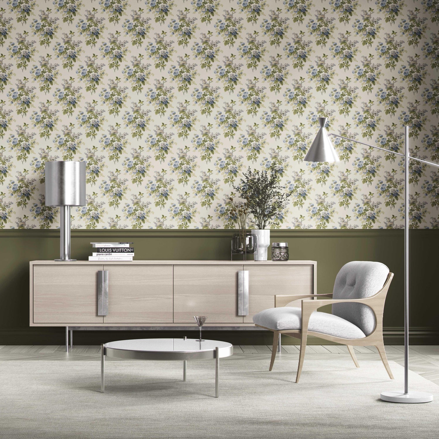 English Floral Print Kitchen Wallpaper (Cream/ Blue/ Green)
