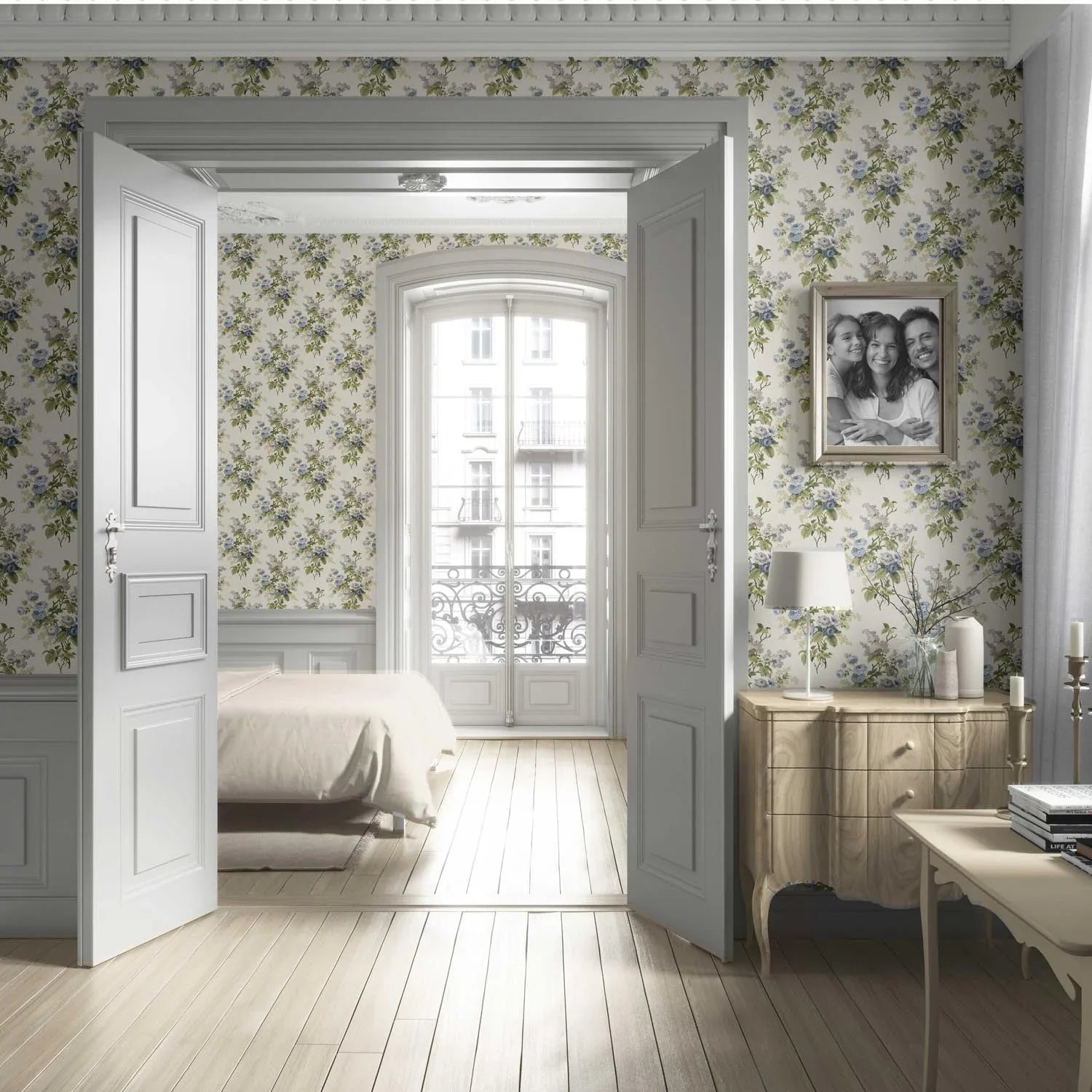 English Floral Print Living Room Wallpaper (Cream/ Blue/ Green)