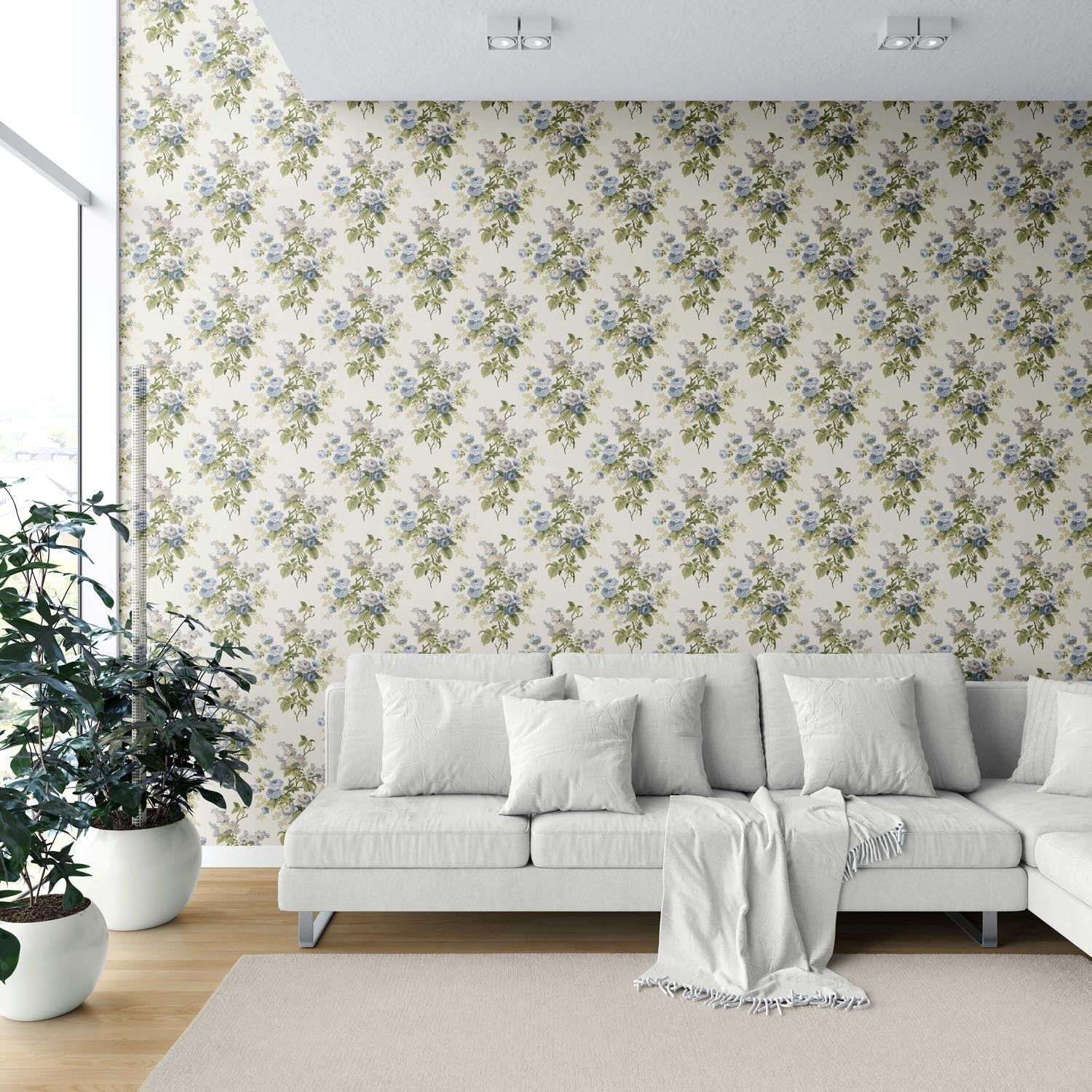 English Floral Print Shower Toilet Wallpaper (Cream/ Blue/ Green)