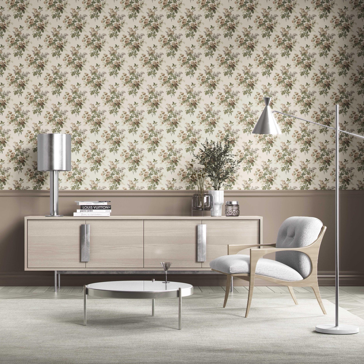 English Floral Print Kitchen Wallpaper (Cream/ Beige/ Brown/ Green/ Gray)