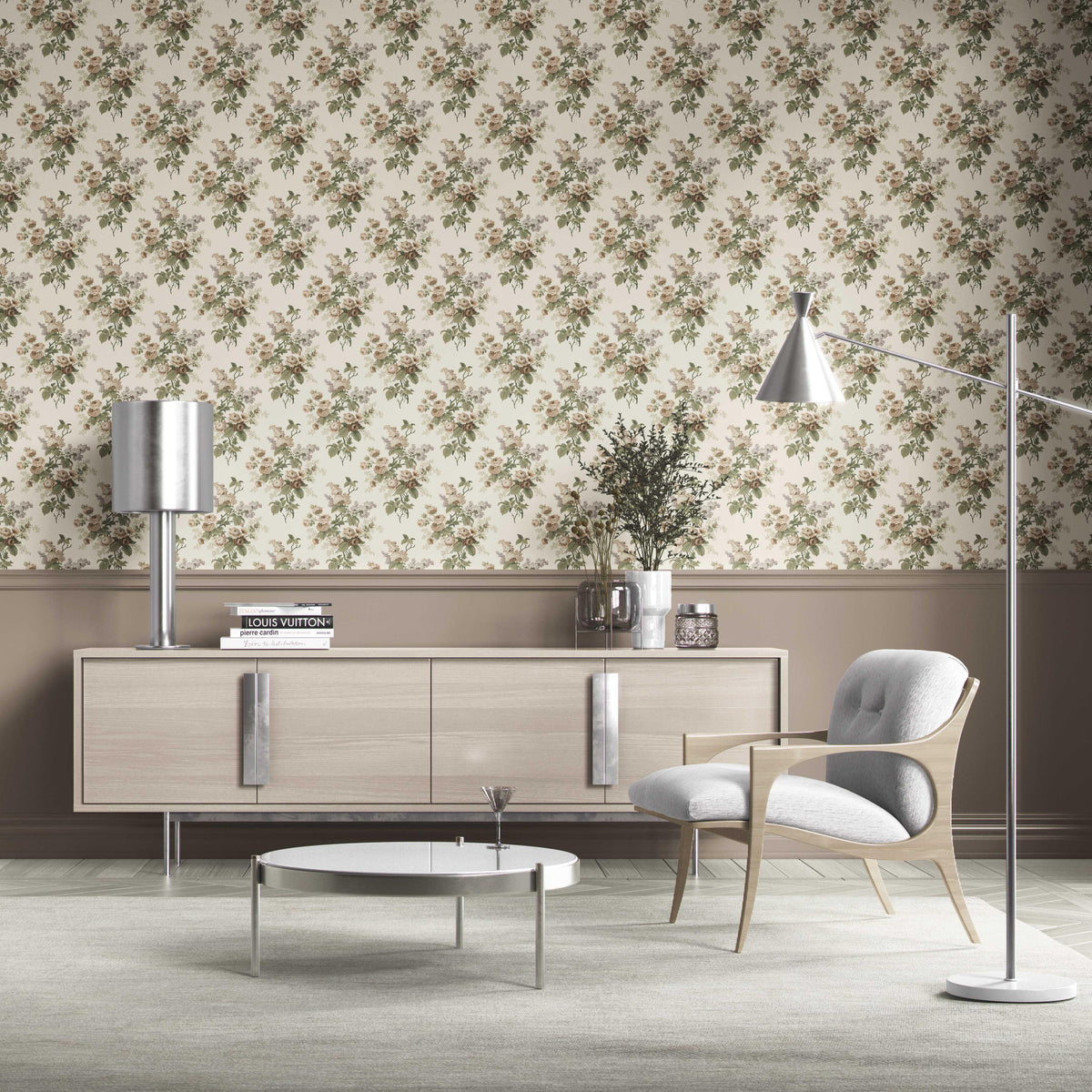English Floral Print Kitchen Wallpaper (Cream/ Beige/ Brown/ Green/ Gray)