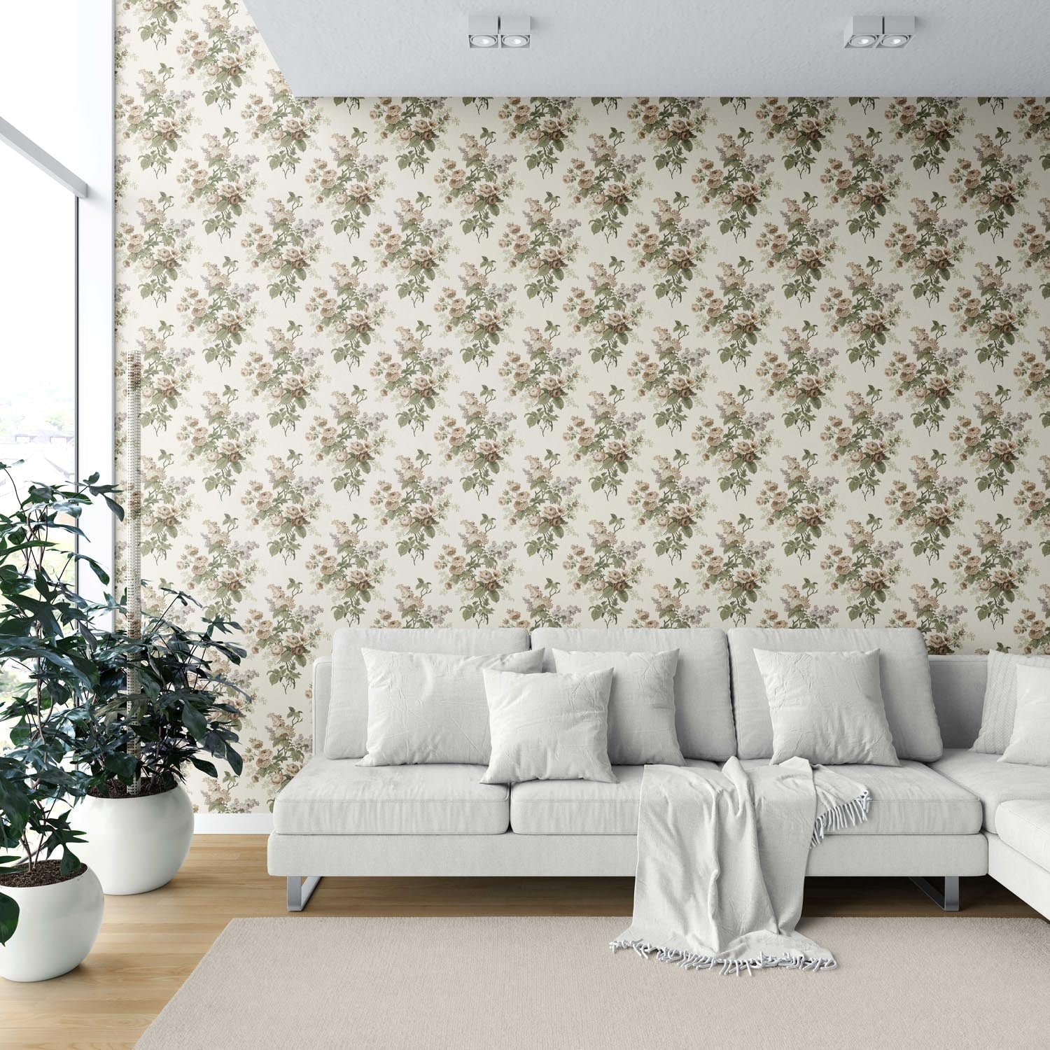 English Floral Print Shower Toilet Wallpaper (Cream/ Beige/ Brown/ Green/ Gray)