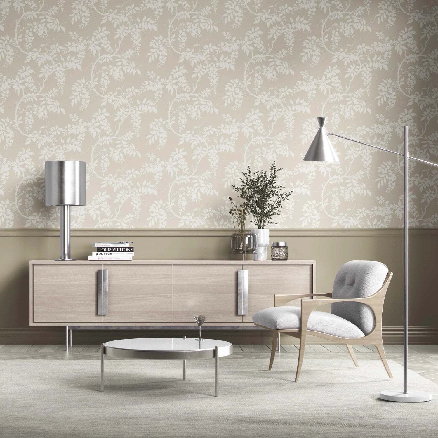 Neutral Floral Vine/ Botanical Kitchen Wallpaper (Beige/ Cream/ Warm Grey)