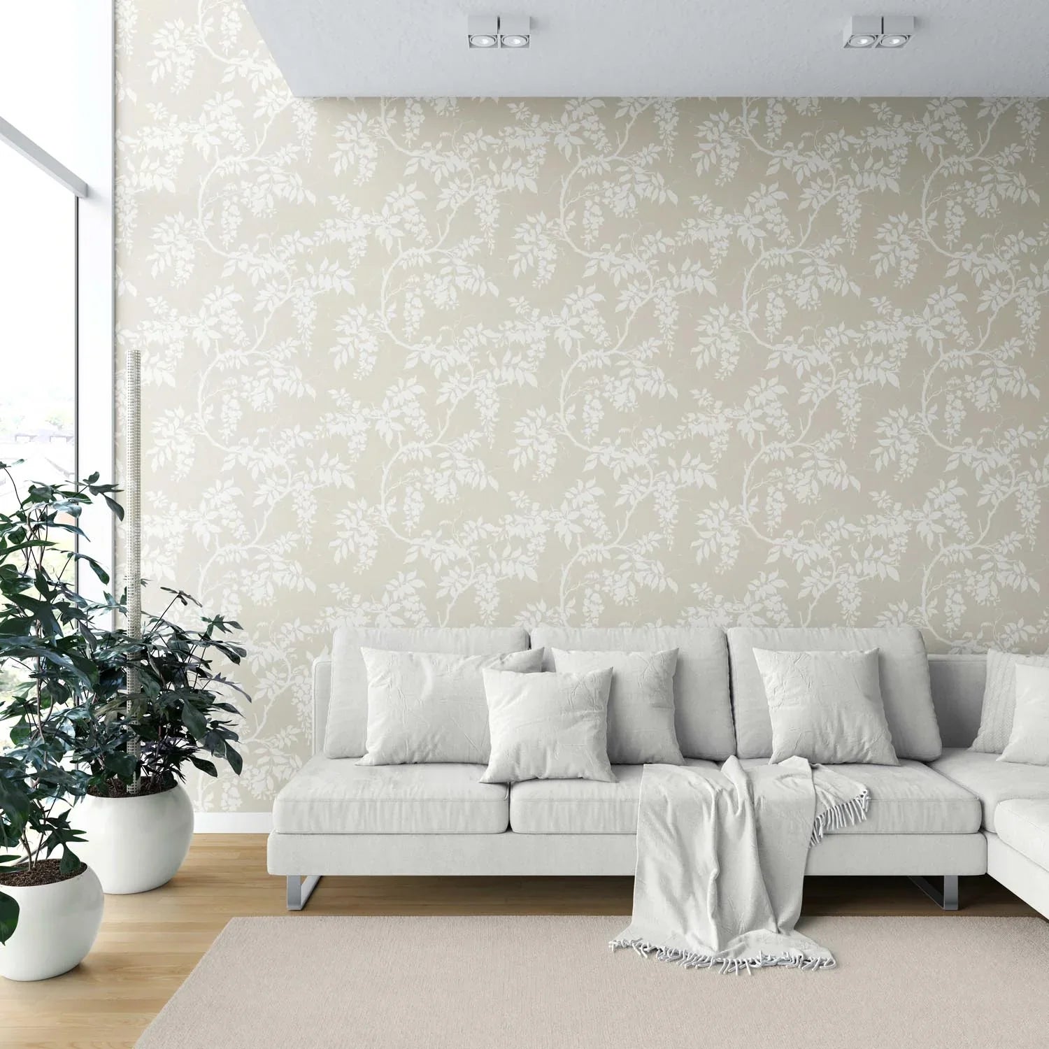 Neutral Floral Vine/ Botanical Shower Toilet Wallpaper (Beige/ Cream/ Warm Grey)