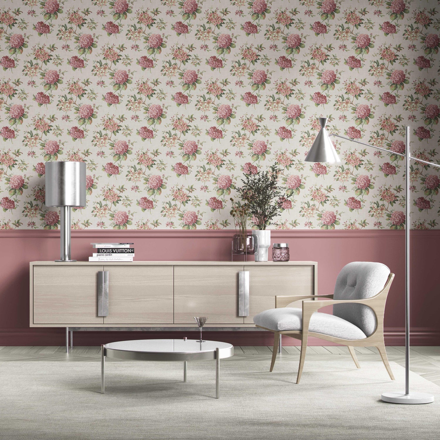 Modern Floral Block Print Kitchen Wallpaper (Blush Pink/ Green)