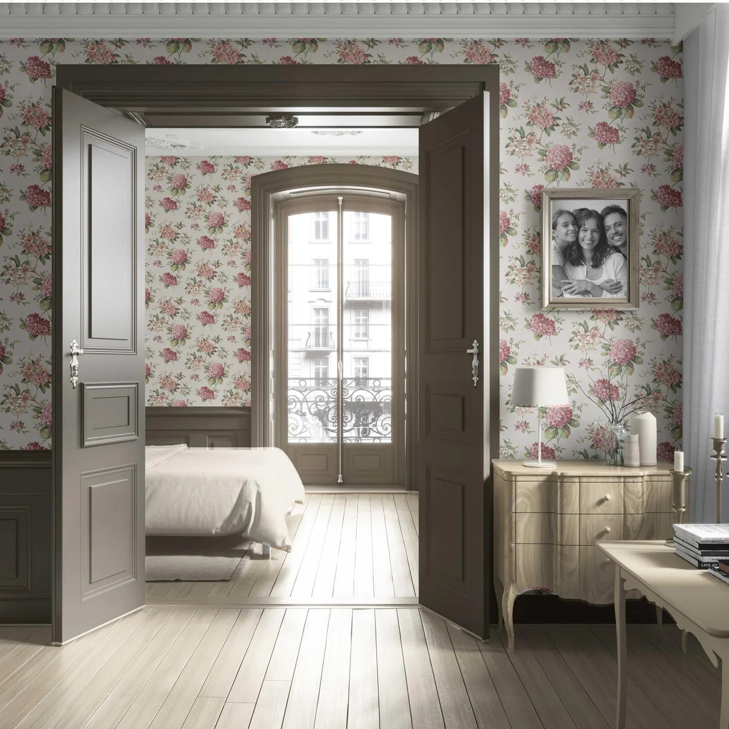Modern Floral Block Print Living Room Wallpaper (Blush Pink/ Green)