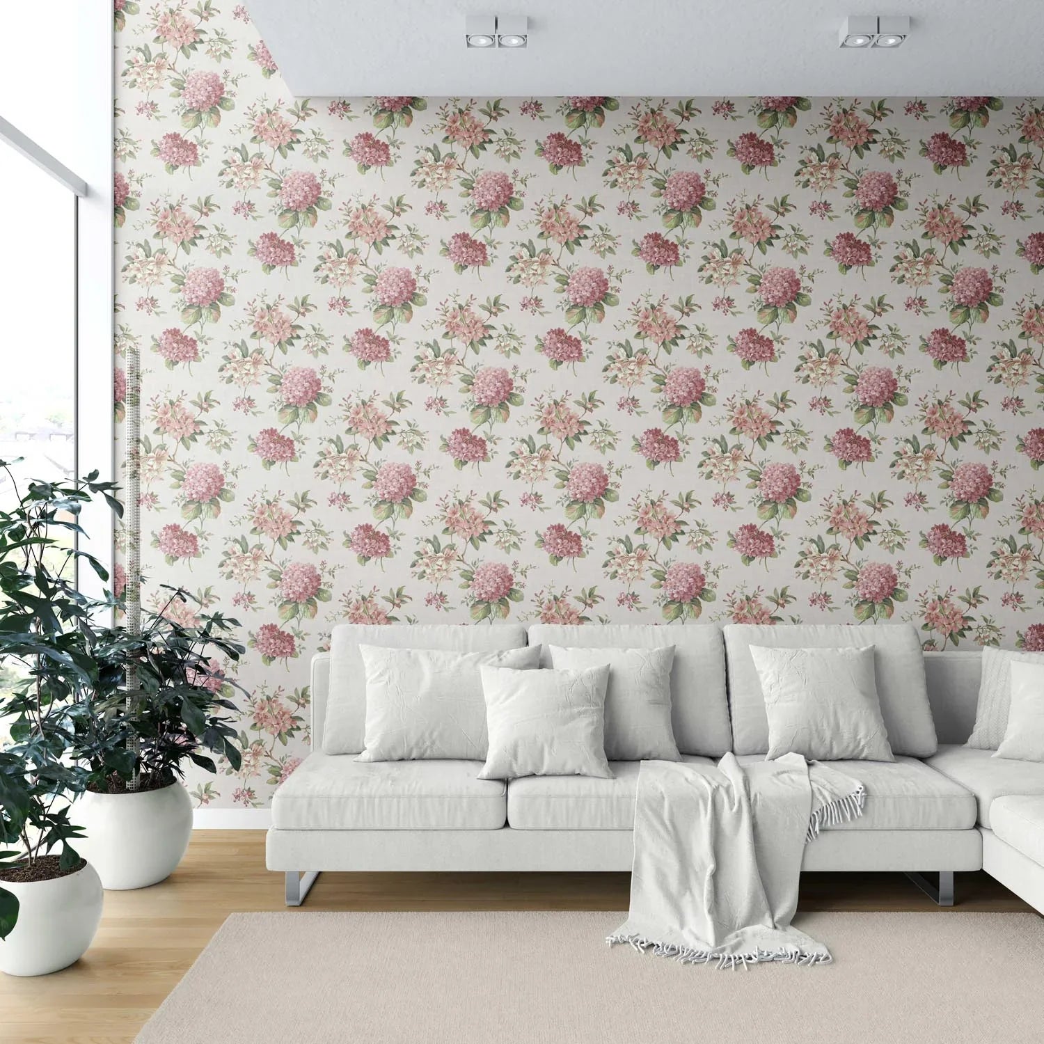 Modern Floral Block Print Shower Toilet Wallpaper (Blush Pink/ Green)