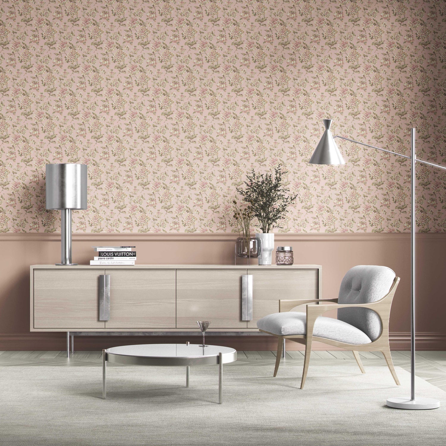 Chinoiserie/ English Floral Kitchen Wallpaper (Soft Pink/ Peach/ Green/ Cream)