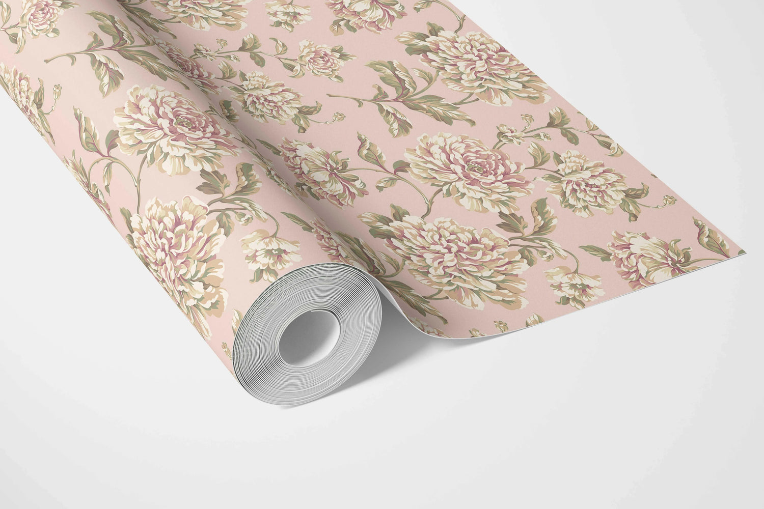 Chinoiserie/ English Floral Bathroom Wallpaper (Soft Pink/ Peach/ Green/ Cream)