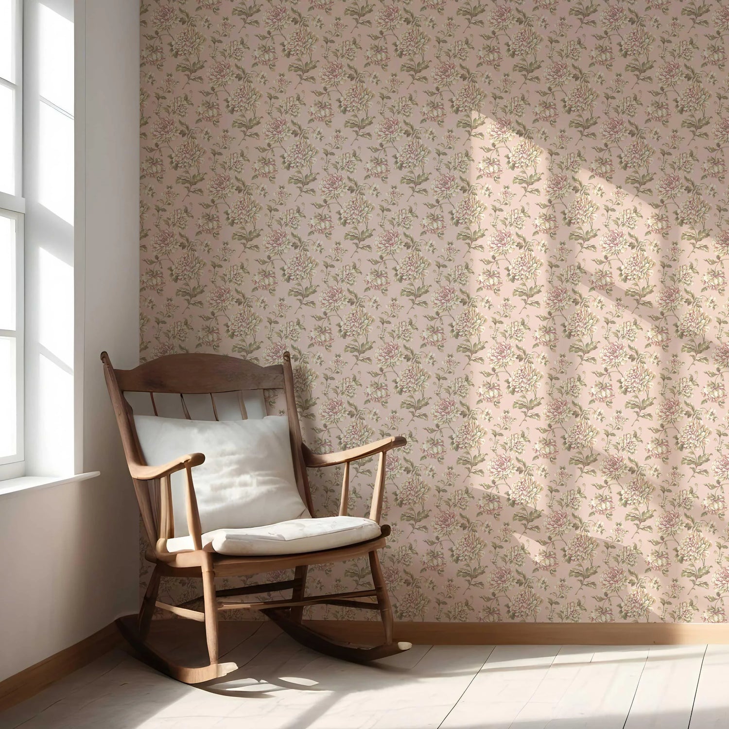 Chinoiserie/ English Floral Nursery Wallpaper (Soft Pink/ Peach/ Green/ Cream)