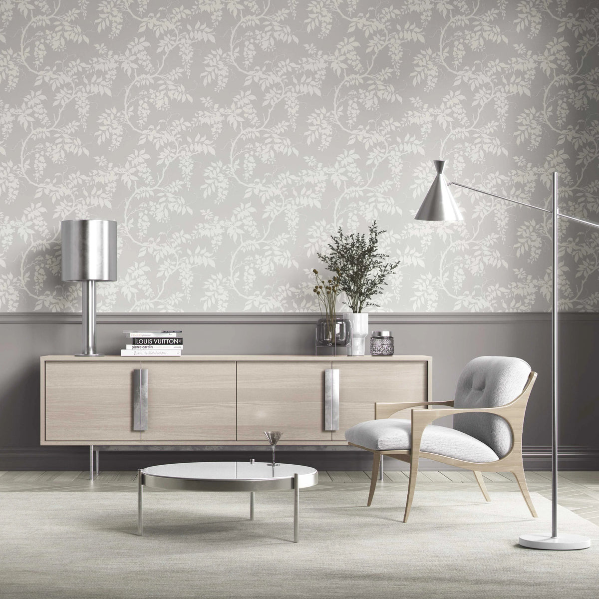 Neutral Floral Vine/ Botanical Kitchen Wallpaper (Dove Grey/ Off-White)
