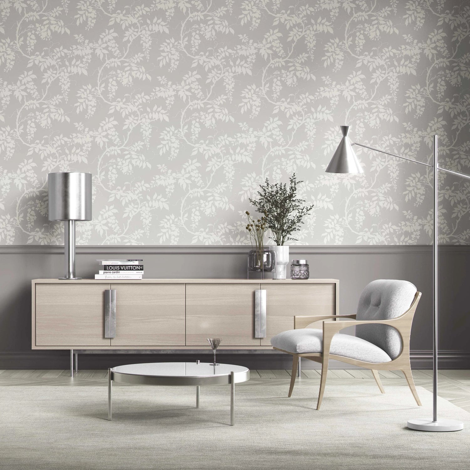 Neutral Floral Vine/ Botanical Kitchen Wallpaper (Dove Grey/ Off-White)