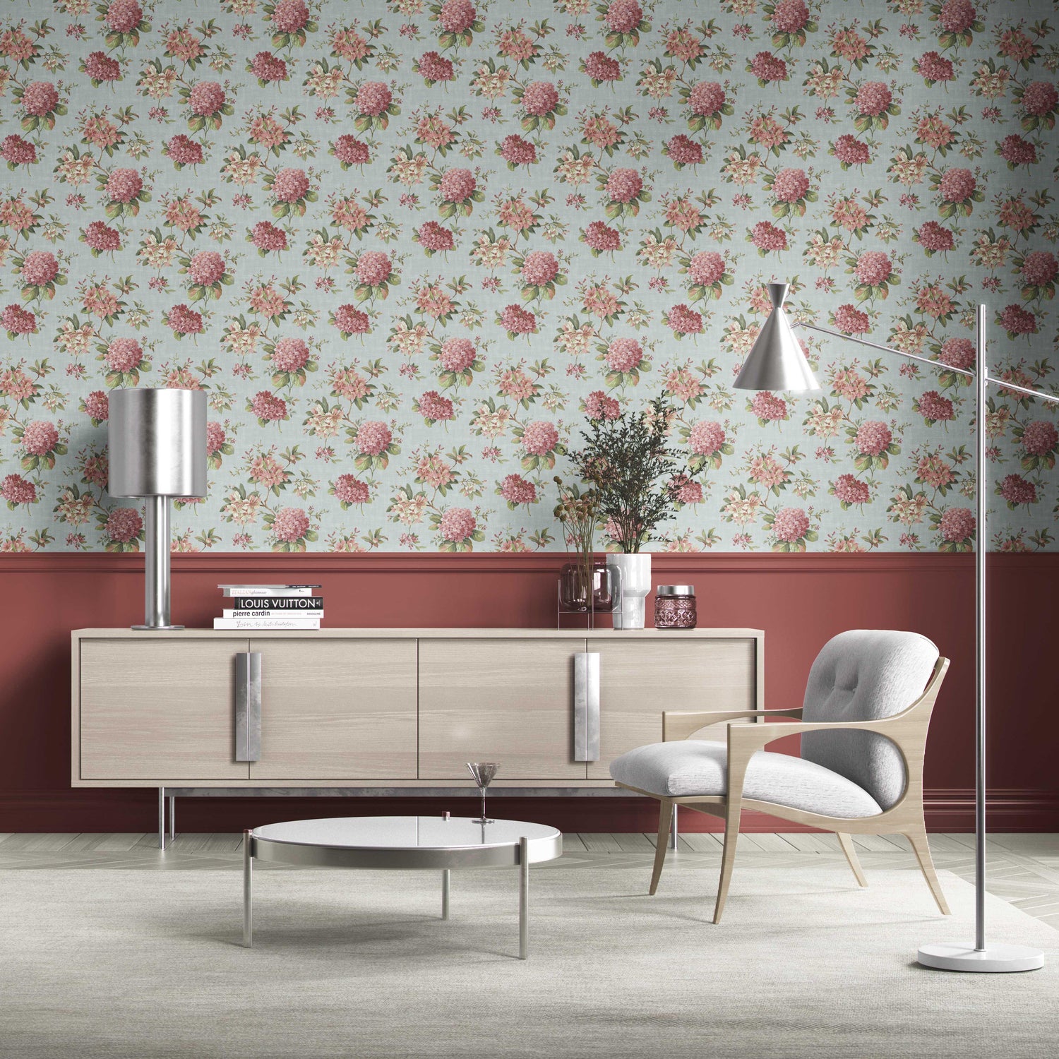 Modern Floral Block Print Kitchen Wallpaper (Blue/ Pink/ Green)