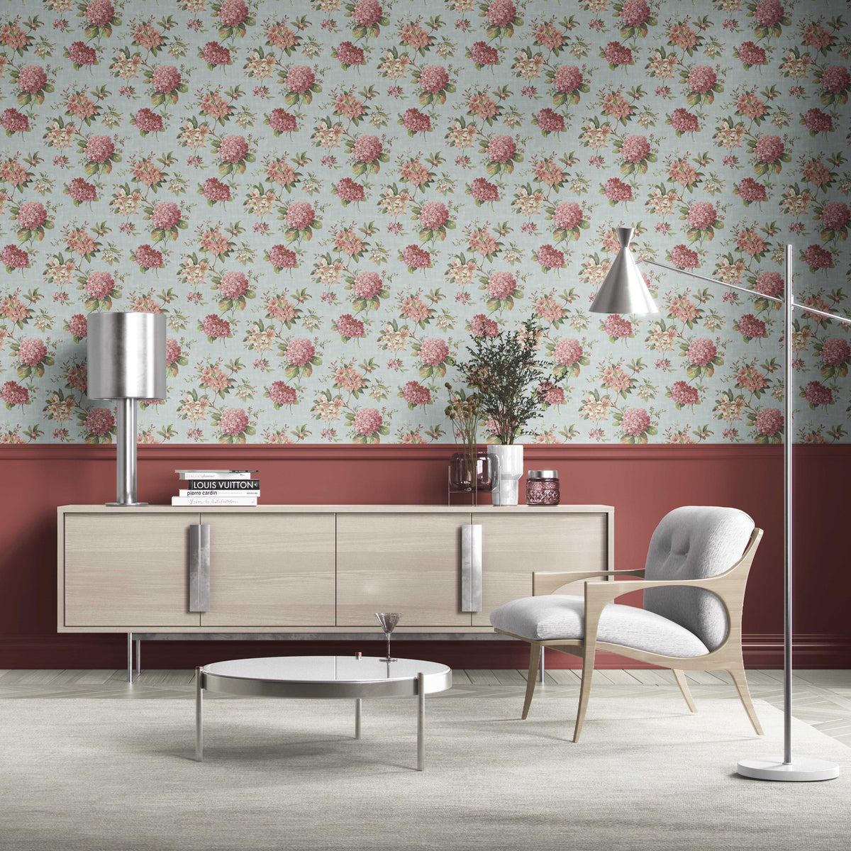 Modern Floral Block Print Kitchen Wallpaper (Blue/ Pink/ Green)