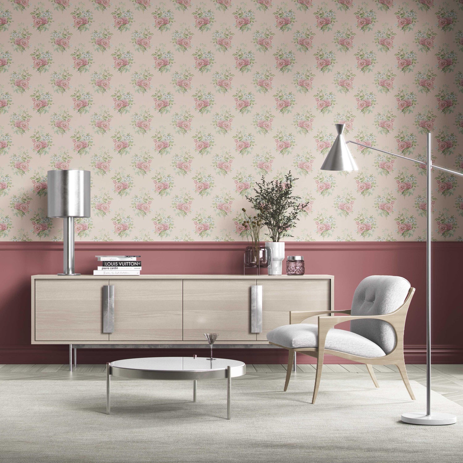 Floral Block Print Kitchen Wallpaper (Blush Pink/ Blue/ Green)