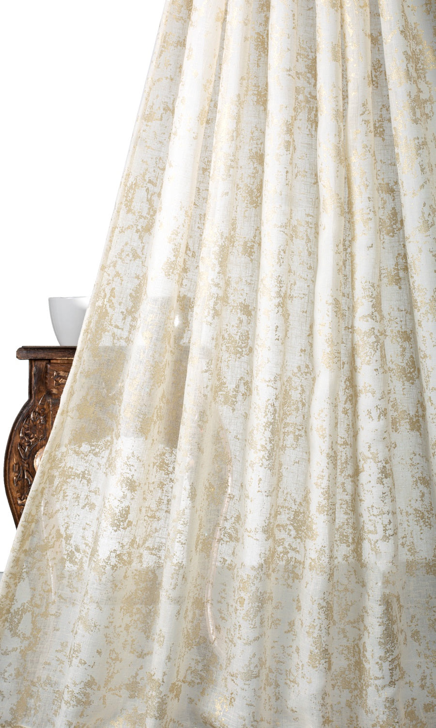 Metallic Print Semi-Sheer Home Textile Fabric Material By the Metre (White/ Golden)
