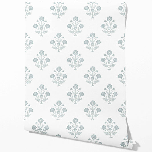 Floral Block Print Traditional Wallpaper (Duck Egg Blue/ White)
