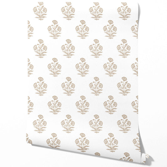 Neutral Floral Block Print Traditional Wallpaper (Beige/ Taupe/ White)