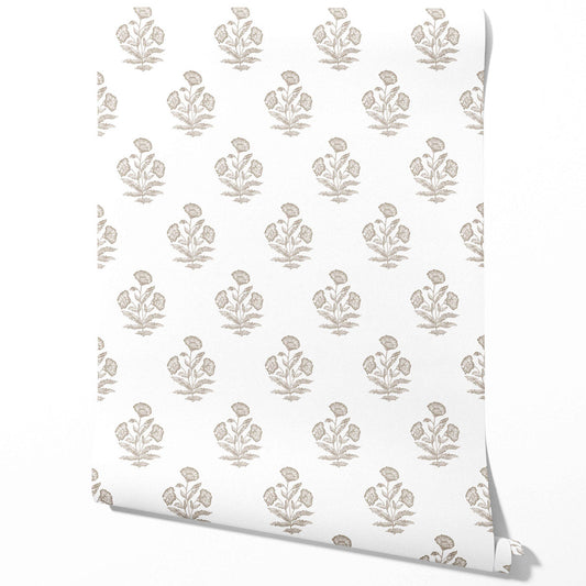 Neutral Floral Block Print Traditional Wallpaper (Greige/ Warm Gray/ White)
