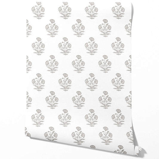 Neutral Floral Block Print Traditional Wallpaper (Gray/ White)