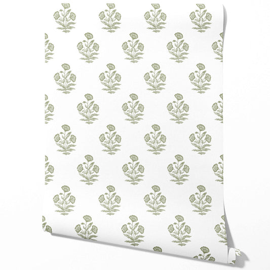 Floral Block Print Traditional Wallpaper (Olive Green/ White)