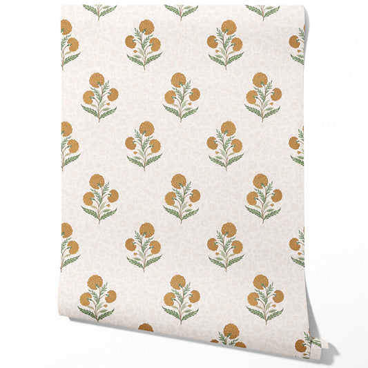 Floral Block Print Traditional Wallpaper (Ochre Yellow/ Green)