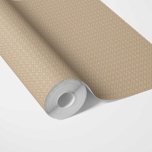 Neutral Small Floral Lattice/ Geometric Micro-Print Traditional Wallpaper (Wheat Beige/ Tan Brown)