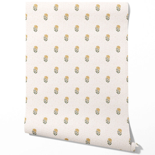 Botanical/ Floral Block Print Traditional Wallpaper (Yellow/ Green/ Soft Taupe)
