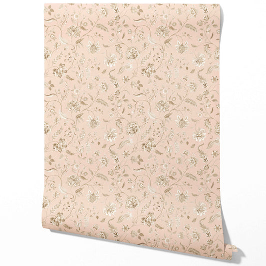 Floral Botanical Patterned Traditional Wallpaper (Sandy Pink/ Beige)