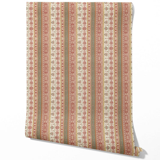 Vintage Bohemian Striped Traditional Wallpaper (Red/ Orange/ Green/ Yellow/ Brown)