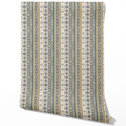 Vintage Bohemian Striped Traditional Wallpaper (Navy Blue/ Olive Green/ Gray/ Brown)