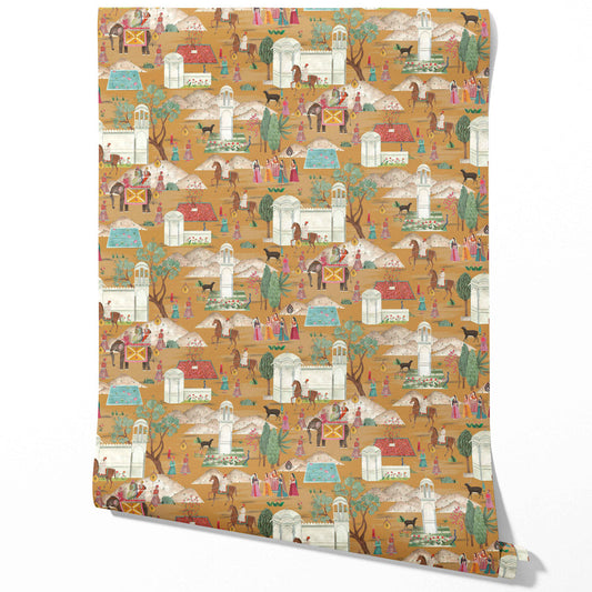 Ethnic/ Heritage/ Horses & Castles Print Traditional Wallpaper (Yellow/ Red/ Green/ Blue/ Pink)
