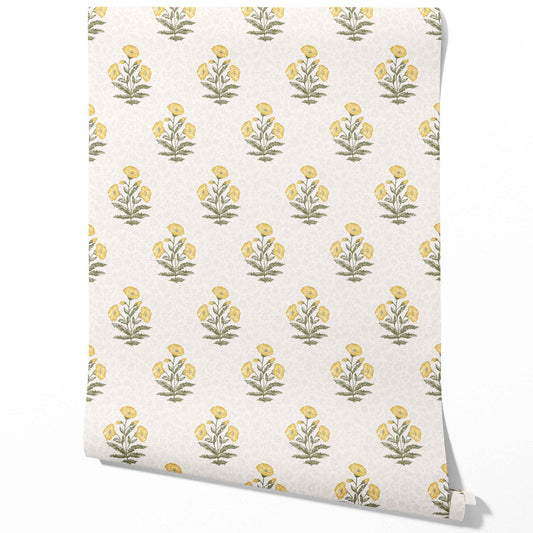 Floral Block Print Traditional Wallpaper (Yellow/ Green)
