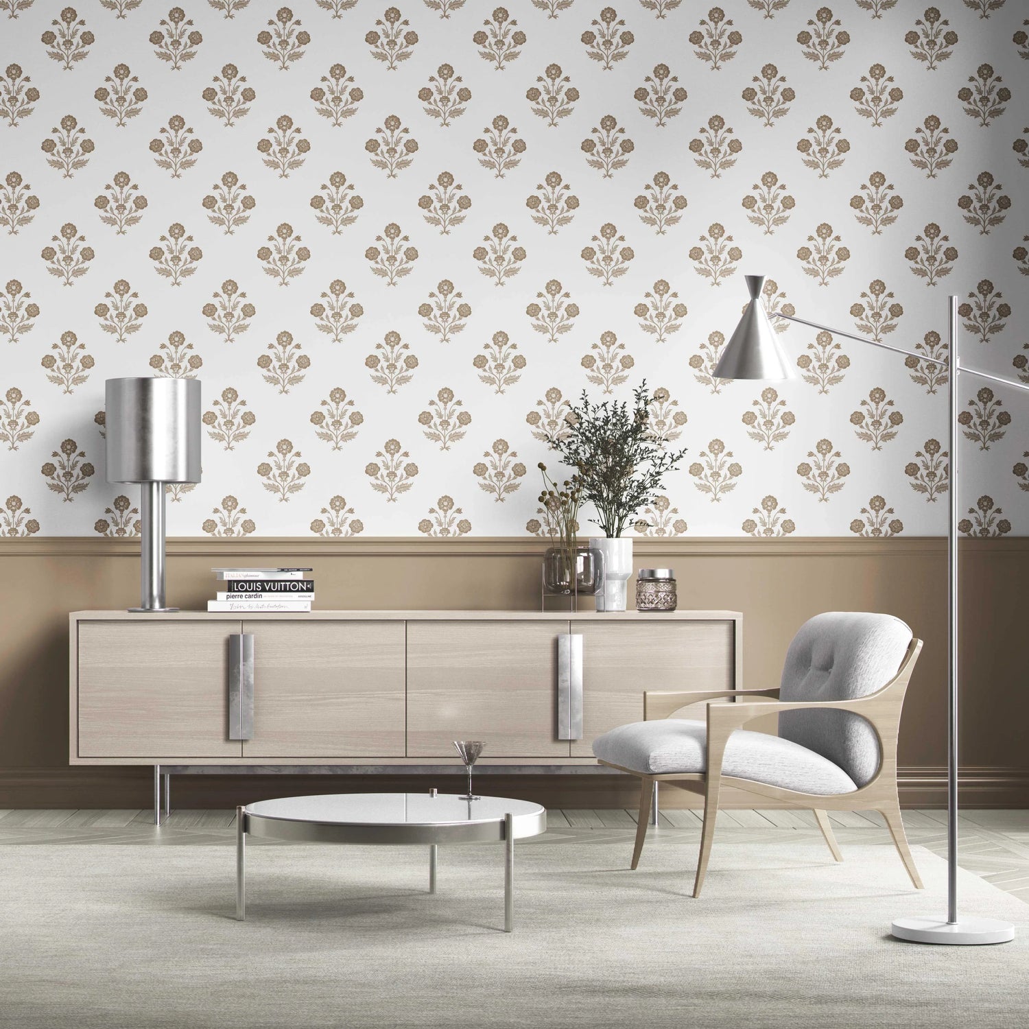 Neutral Floral Block Print Kitchen Wallpaper (Brown/ White)