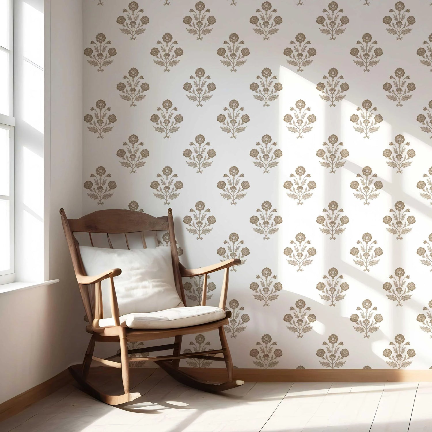 Neutral Floral Block Print Nursery Wallpaper (Brown/ White)