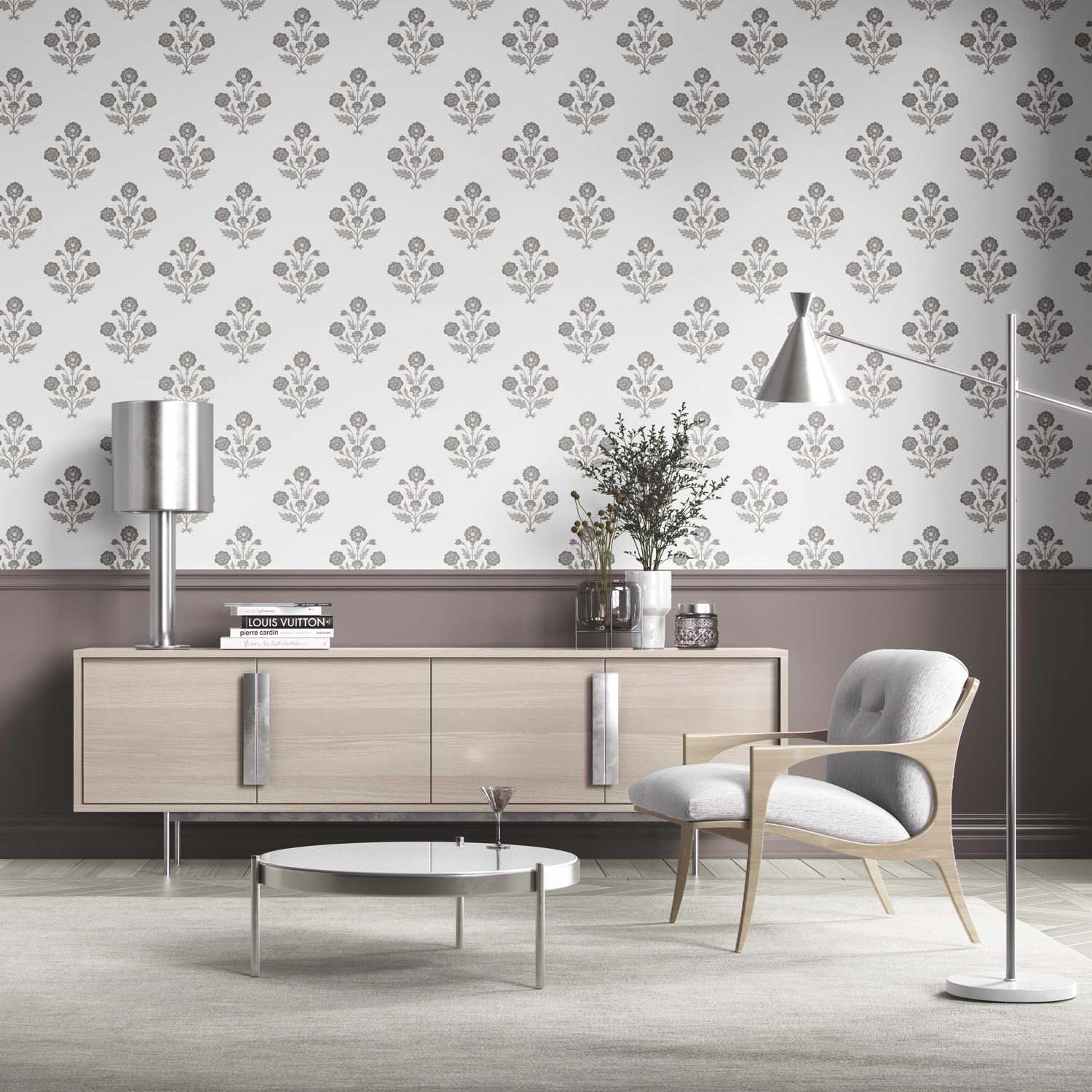 Neutral Floral Block Print Kitchen Wallpaper (Stormy Gray/ Taupe/ White)