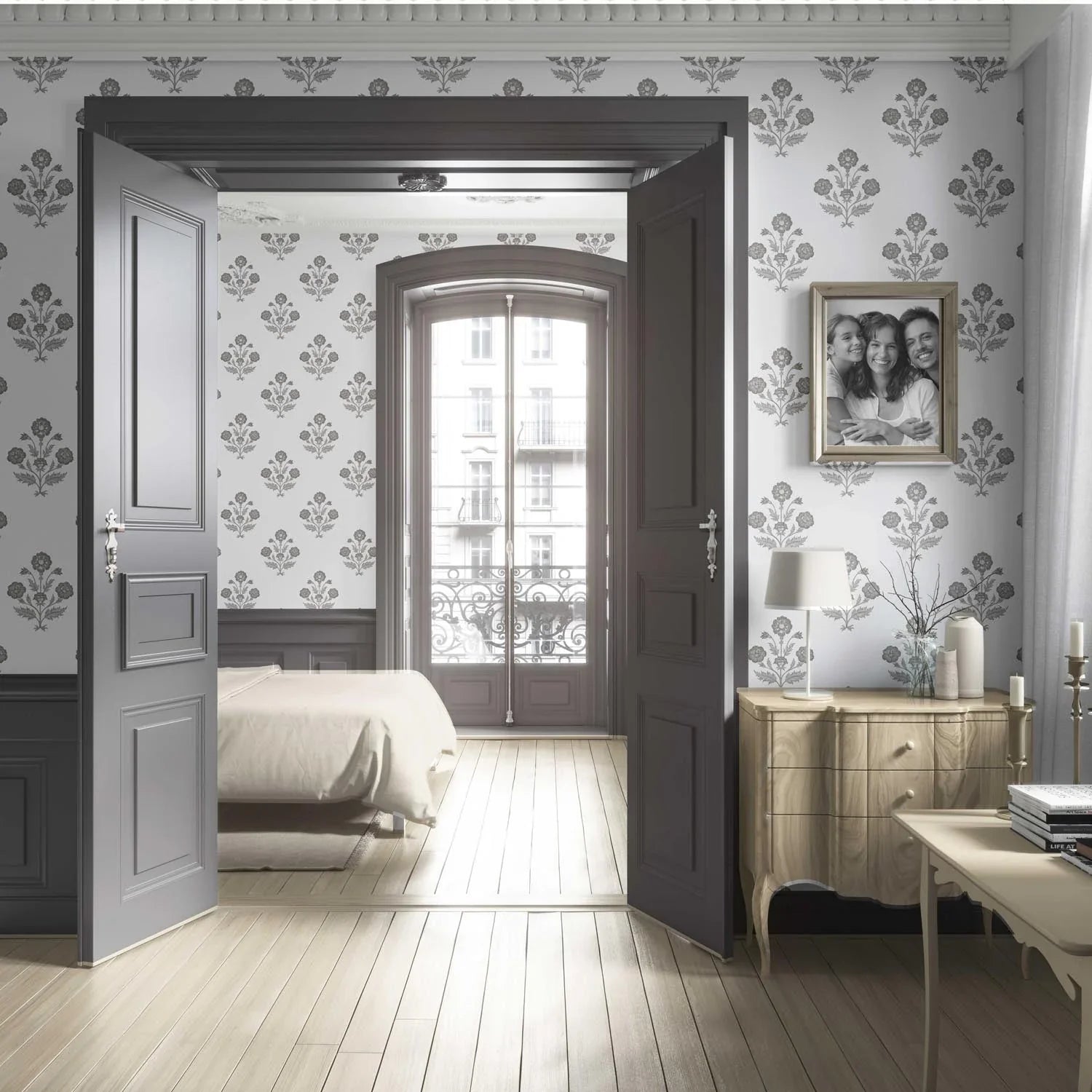 Neutral Floral Block Print Living Room Wallpaper (Stormy Gray/ Taupe/ White)