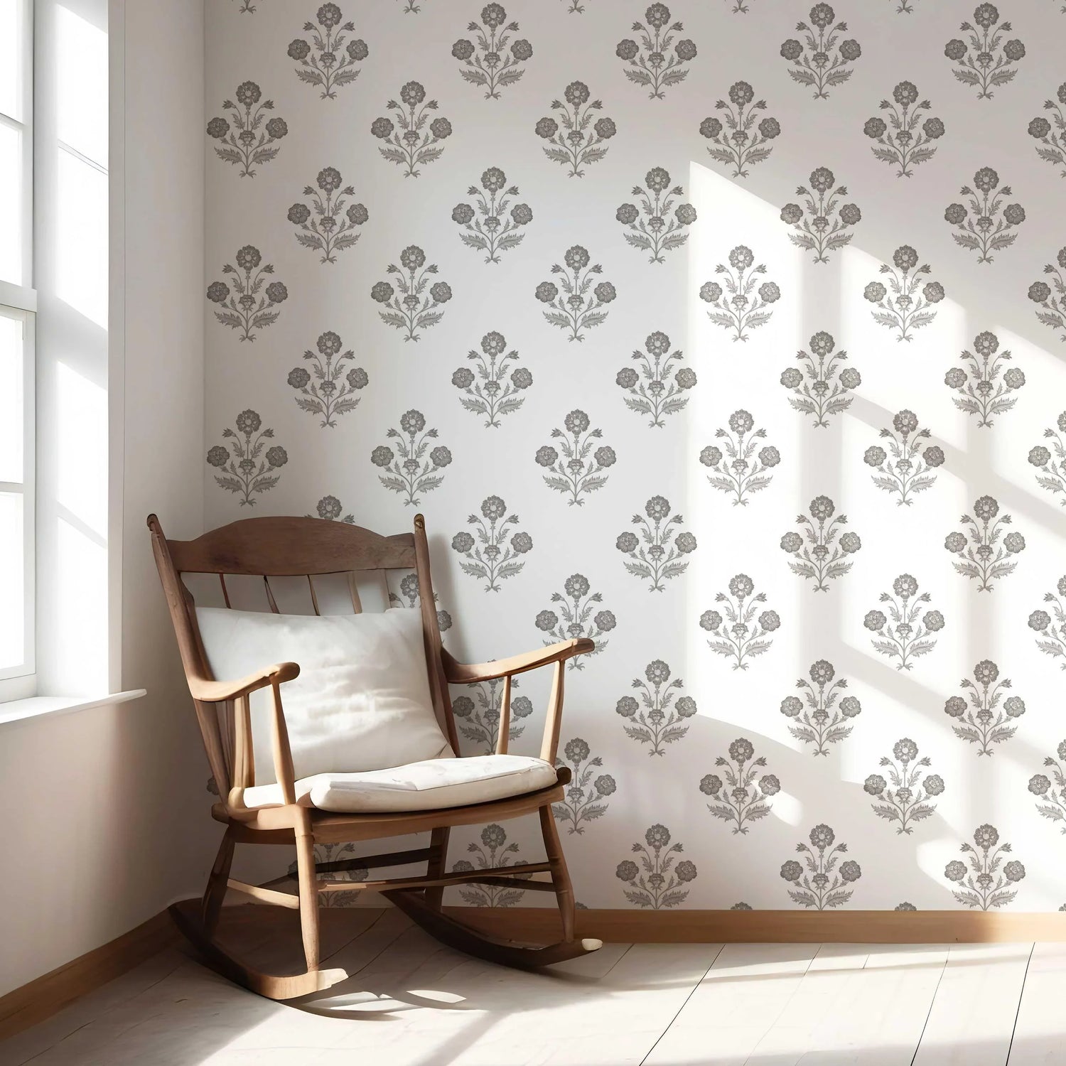 Neutral Floral Block Print Nursery Wallpaper (Stormy Gray/ Taupe/ White)