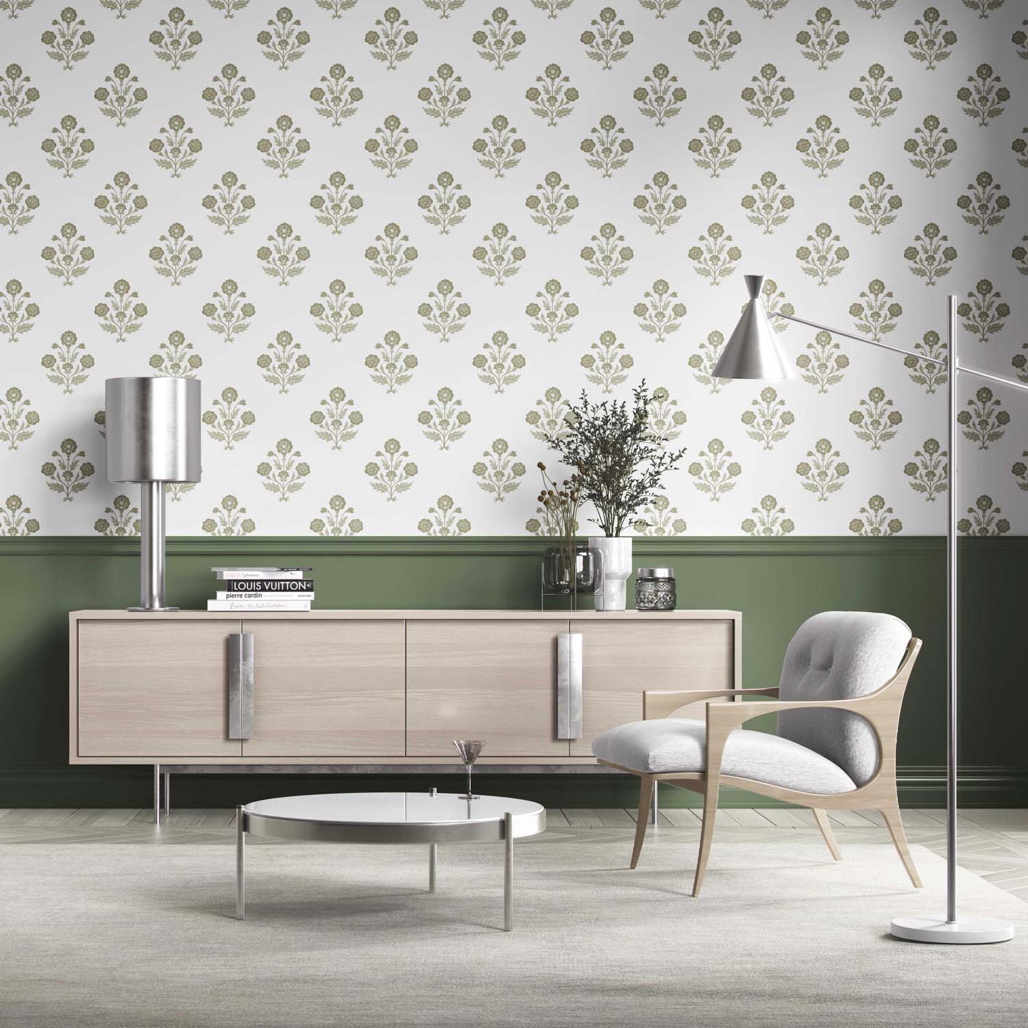 Floral Block Print Kitchen Wallpaper (Olive Green/ White)