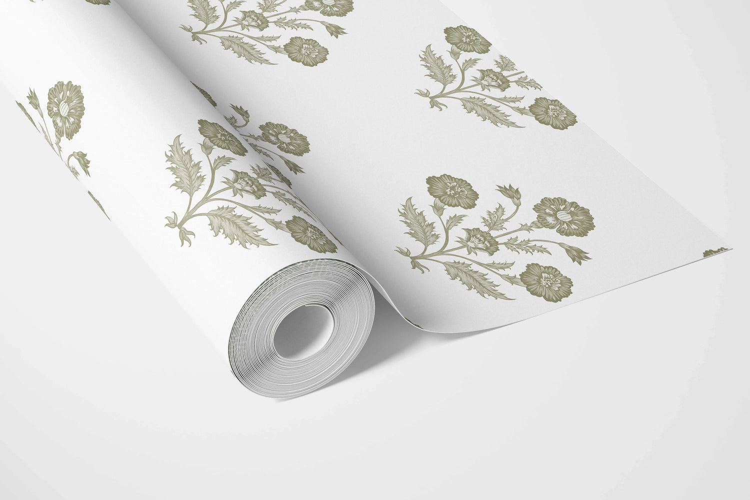 Floral Block Print Bathroom Wallpaper (Olive Green/ White)