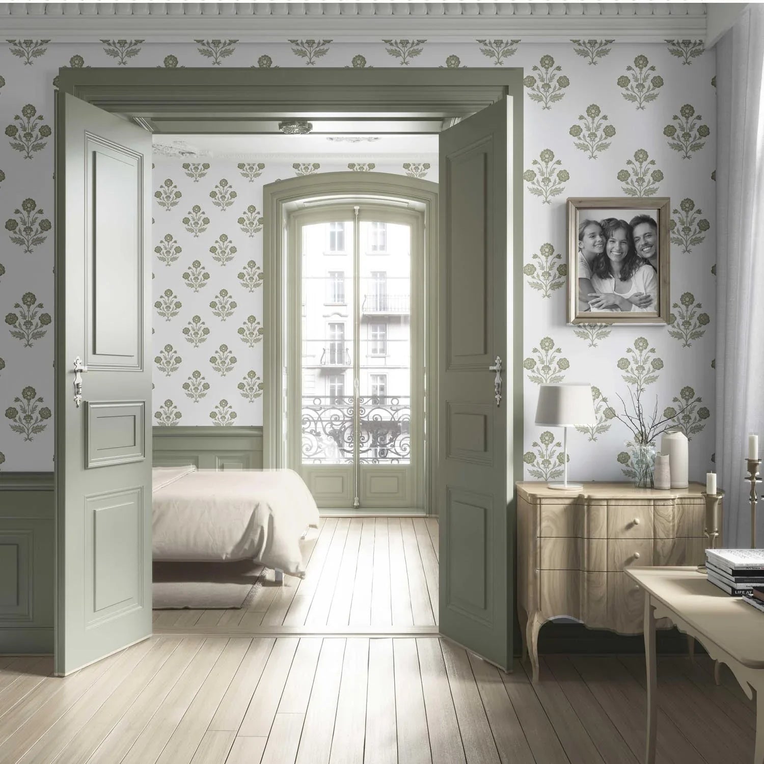 Floral Block Print Living Room Wallpaper (Olive Green/ White)