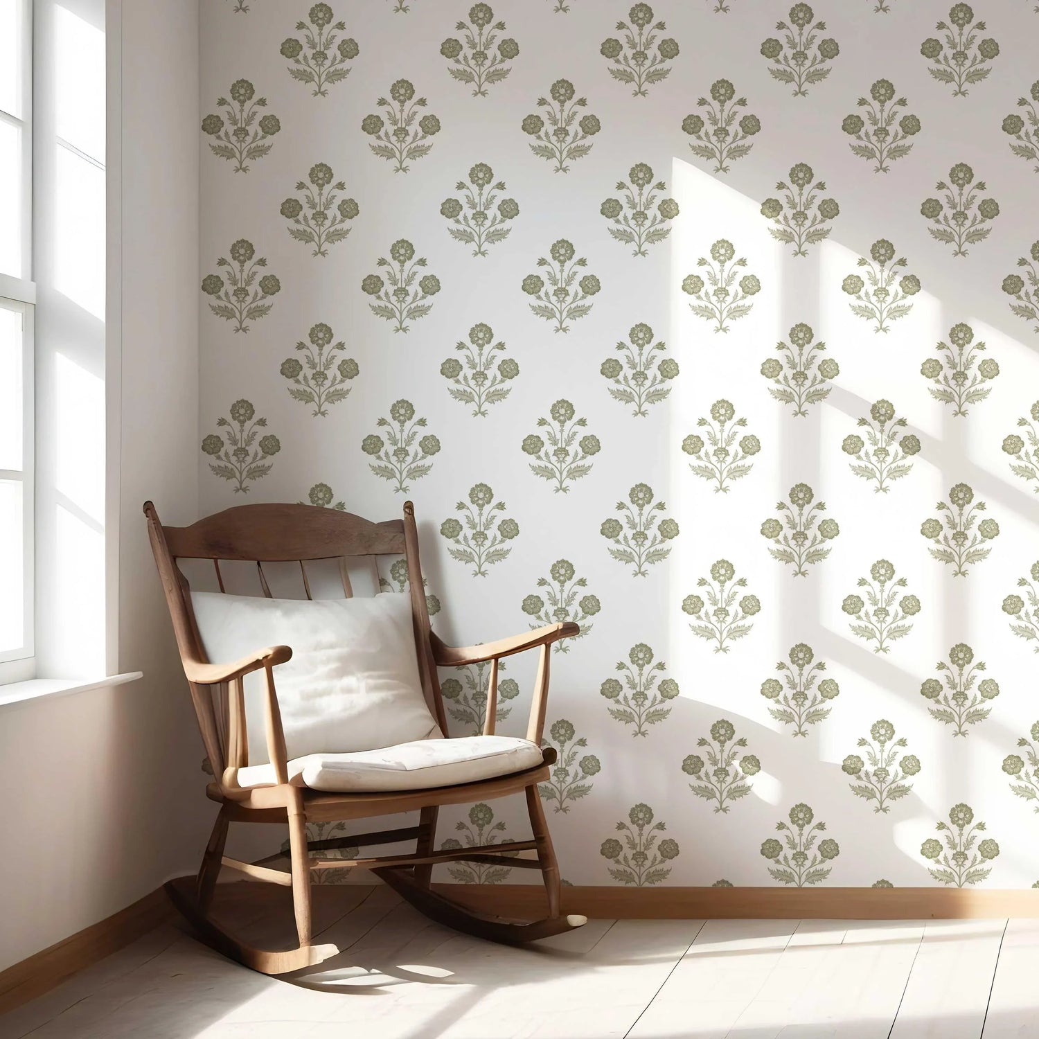 Floral Block Print Nursery Wallpaper (Olive Green/ White)